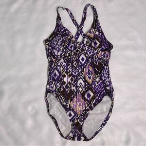 Speedo One Piece Swimsuit Women’s Sz 14 Purple Abstract Criss Cross Back Padded